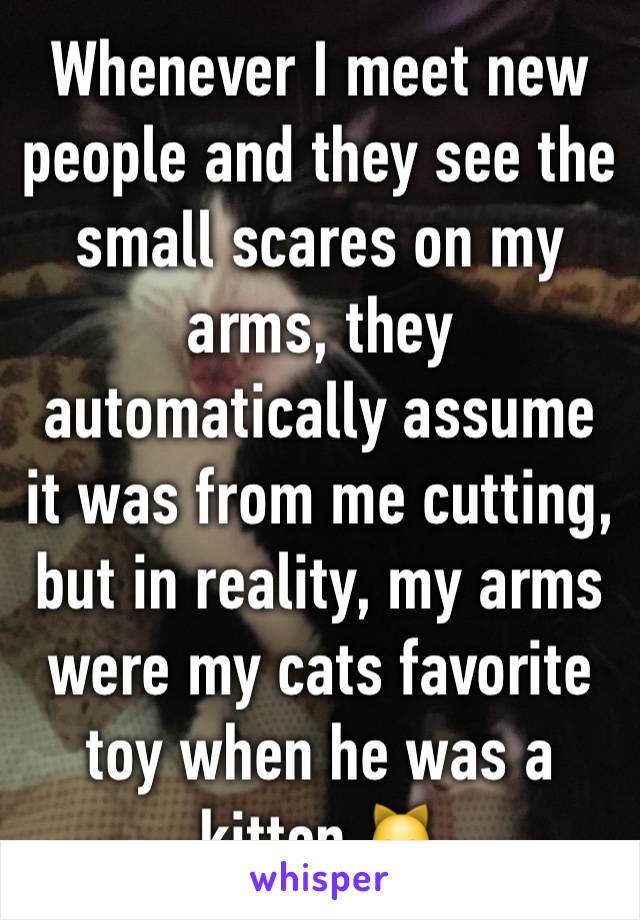 Whenever I meet new people and they see the small scares on my arms, they automatically assume it was from me cutting, but in reality, my arms were my cats favorite toy when he was a kitten 🐱 