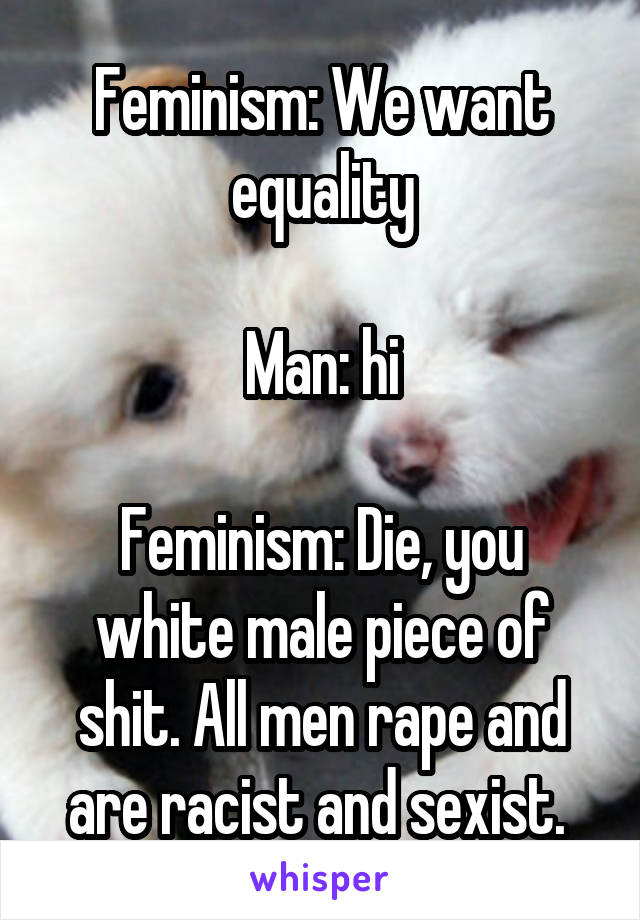 Feminism: We want equality

Man: hi

Feminism: Die, you white male piece of shit. All men rape and are racist and sexist. 