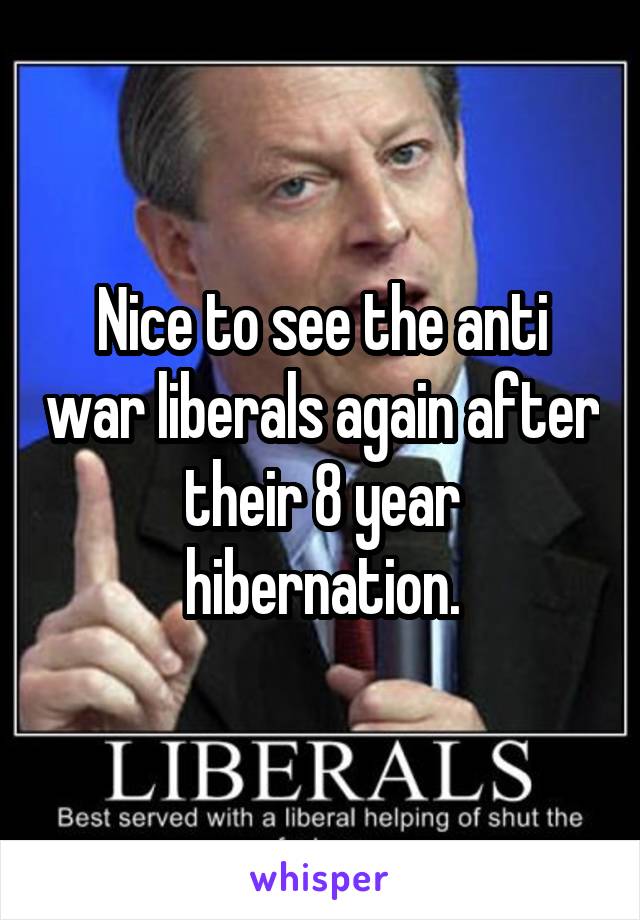 Nice to see the anti war liberals again after their 8 year hibernation.