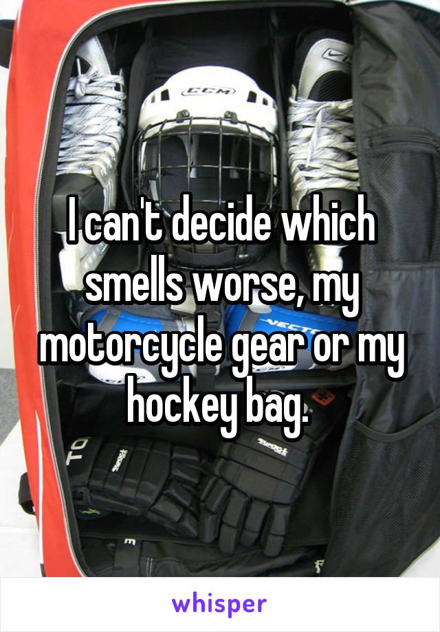 I can't decide which smells worse, my motorcycle gear or my hockey bag. 