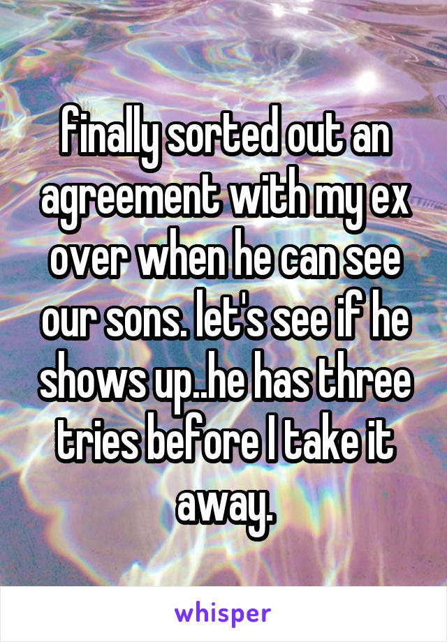 finally sorted out an agreement with my ex over when he can see our sons. let's see if he shows up..he has three tries before I take it away.