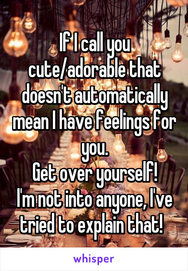 If I call you cute/adorable that doesn't automatically mean I have feelings for you.
Get over yourself!
I'm not into anyone, I've tried to explain that!  