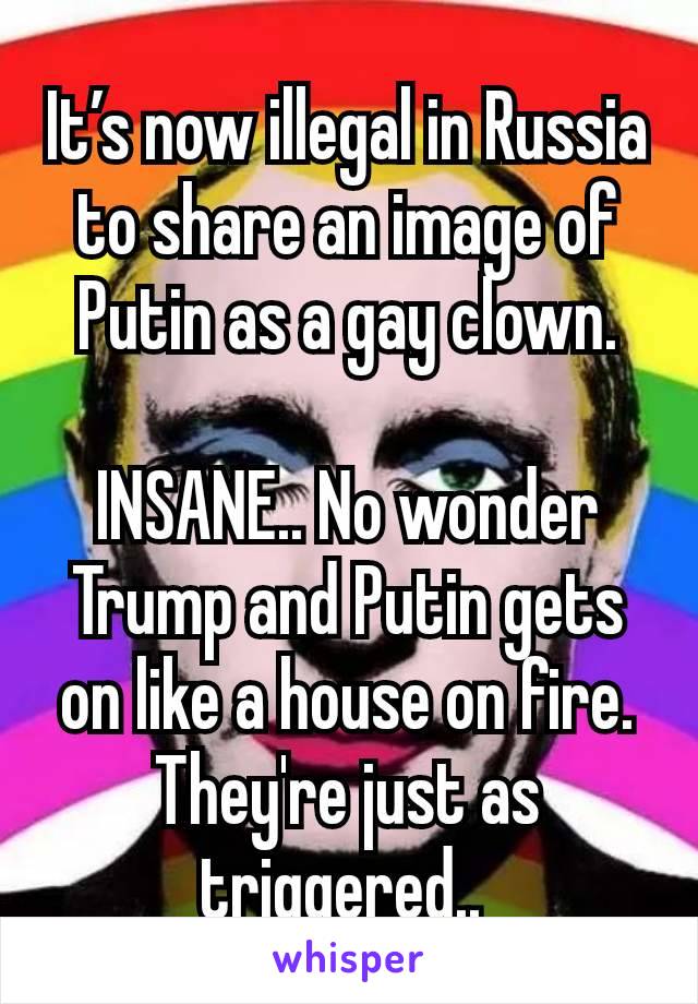 It’s now illegal in Russia to share an image of Putin as a gay clown.

INSANE.. No wonder Trump and Putin gets on like a house on fire.
They're just as triggered.. 