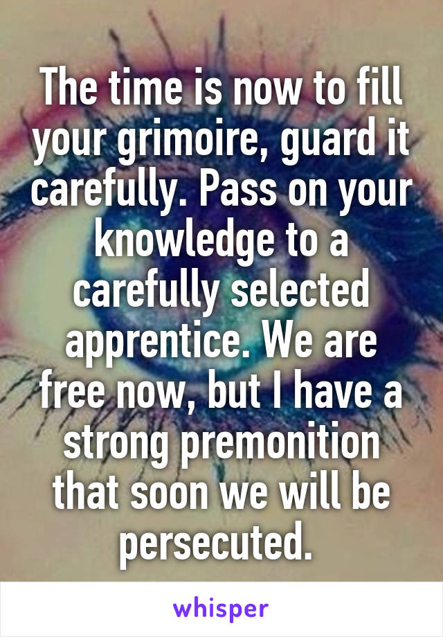 The time is now to fill your grimoire, guard it carefully. Pass on your knowledge to a carefully selected apprentice. We are free now, but I have a strong premonition that soon we will be persecuted. 