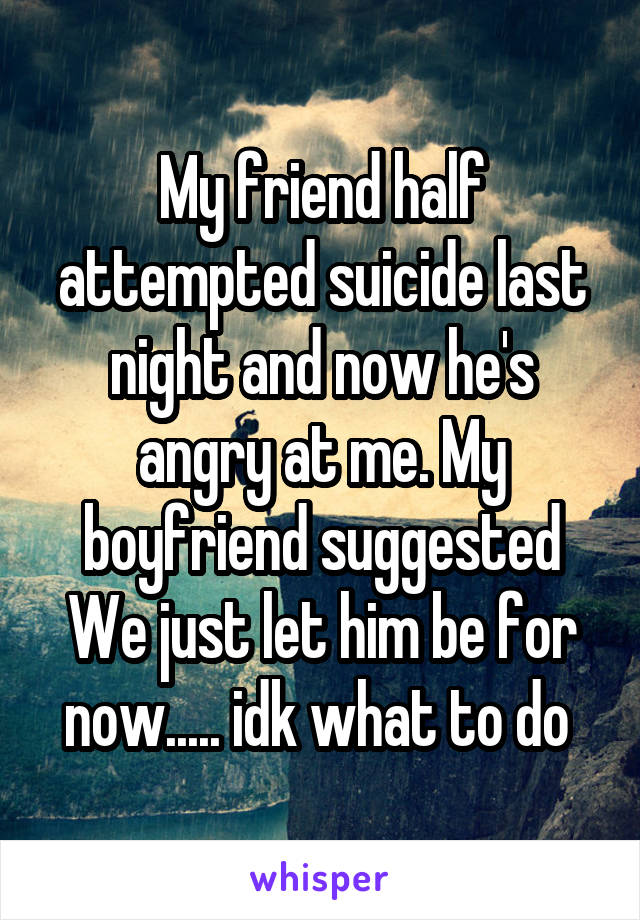 My friend half attempted suicide last night and now he's angry at me. My boyfriend suggested We just let him be for now..... idk what to do 