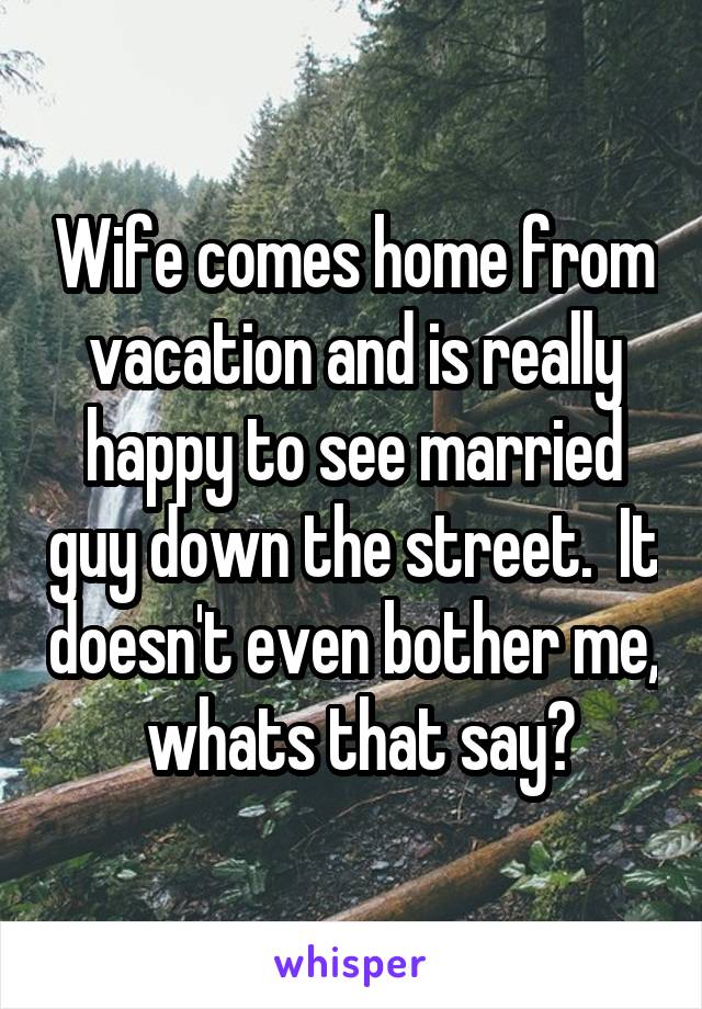 Wife comes home from vacation and is really happy to see married guy down the street.  It doesn't even bother me,  whats that say?