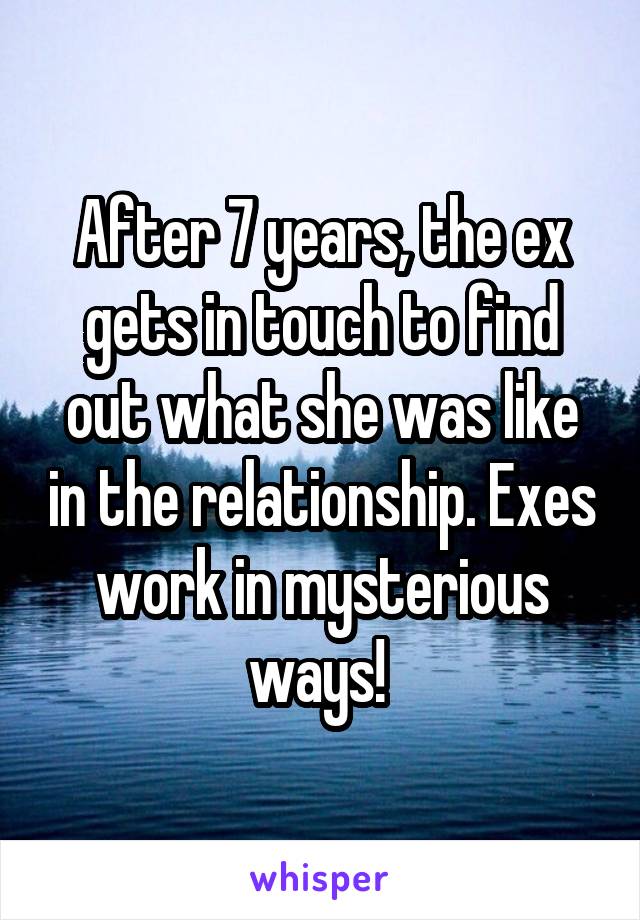 After 7 years, the ex gets in touch to find out what she was like in the relationship. Exes work in mysterious ways! 