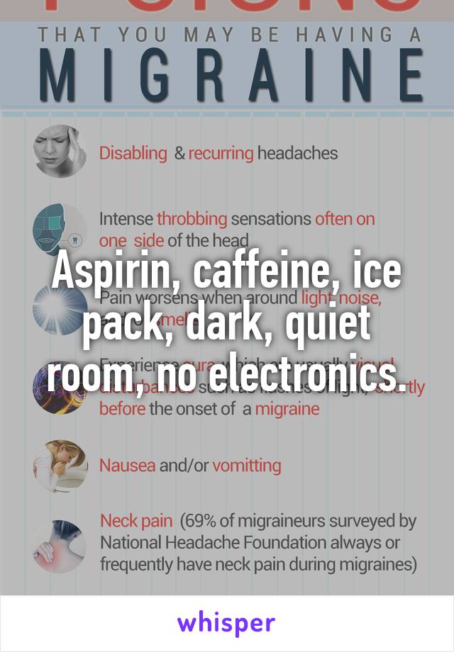 Aspirin, caffeine, ice pack, dark, quiet room, no electronics.