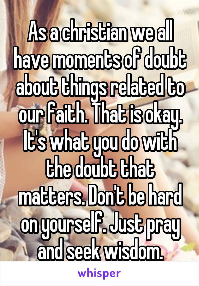 As a christian we all have moments of doubt about things related to our faith. That is okay. It's what you do with the doubt that matters. Don't be hard on yourself. Just pray and seek wisdom.