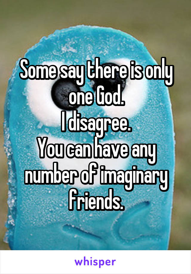 Some say there is only one God.
I disagree.
You can have any number of imaginary friends.