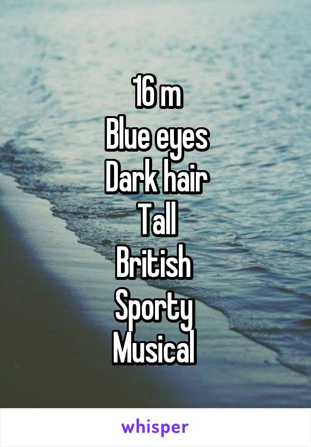 16 m
Blue eyes
Dark hair
Tall
British 
Sporty 
Musical 