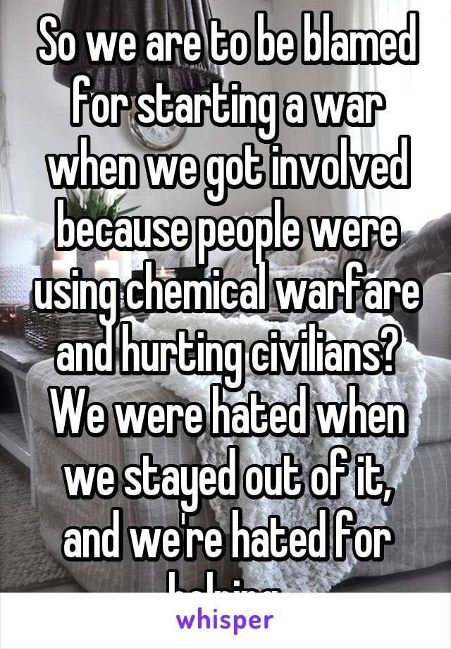 So we are to be blamed for starting a war when we got involved because people were using chemical warfare and hurting civilians? We were hated when we stayed out of it, and we're hated for helping.