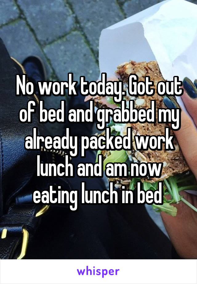 No work today. Got out of bed and grabbed my already packed work lunch and am now eating lunch in bed 