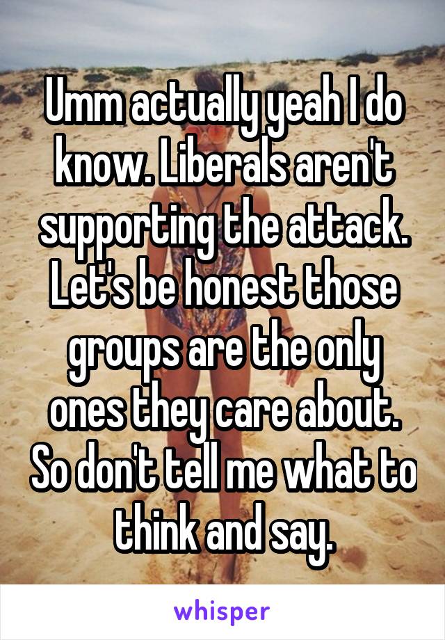 Umm actually yeah I do know. Liberals aren't supporting the attack. Let's be honest those groups are the only ones they care about. So don't tell me what to think and say.