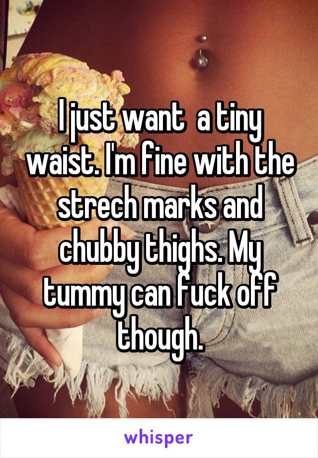 I just want  a tiny waist. I'm fine with the strech marks and chubby thighs. My tummy can fuck off though.