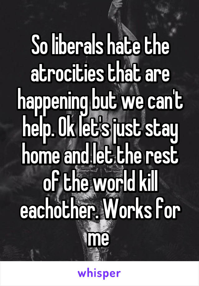 So liberals hate the atrocities that are happening but we can't help. Ok let's just stay home and let the rest of the world kill eachother. Works for me 