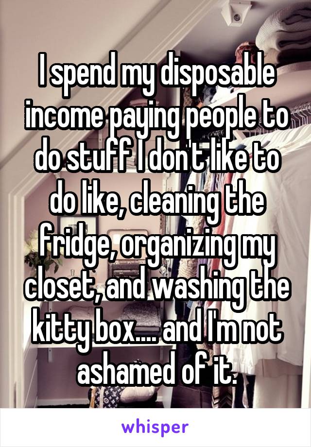 I spend my disposable income paying people to do stuff I don't like to do like, cleaning the fridge, organizing my closet, and washing the kitty box.... and I'm not ashamed of it.