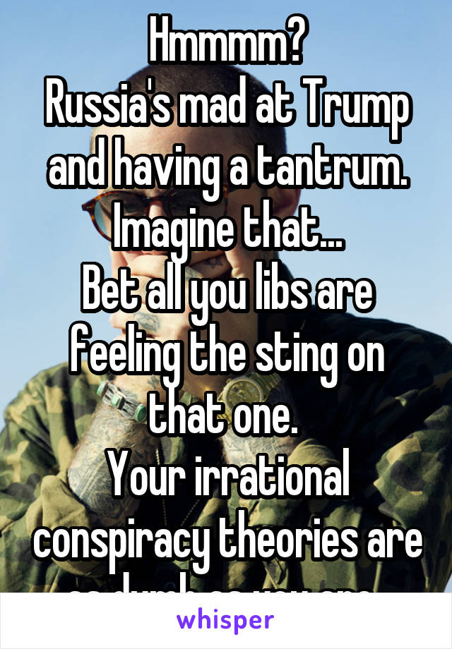 Hmmmm?
Russia's mad at Trump and having a tantrum.
Imagine that...
Bet all you libs are feeling the sting on that one. 
Your irrational conspiracy theories are as dumb as you are. 