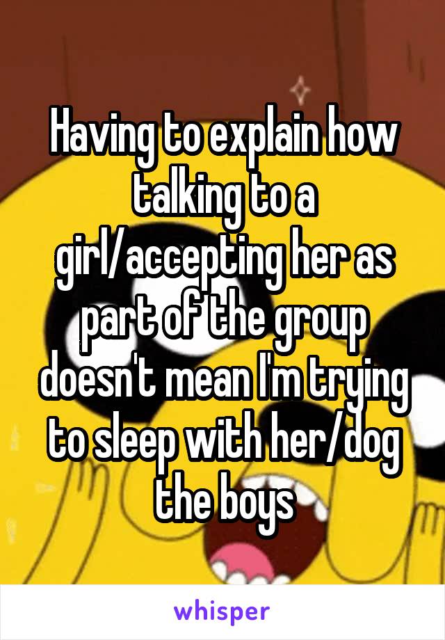 Having to explain how talking to a girl/accepting her as part of the group doesn't mean I'm trying to sleep with her/dog the boys