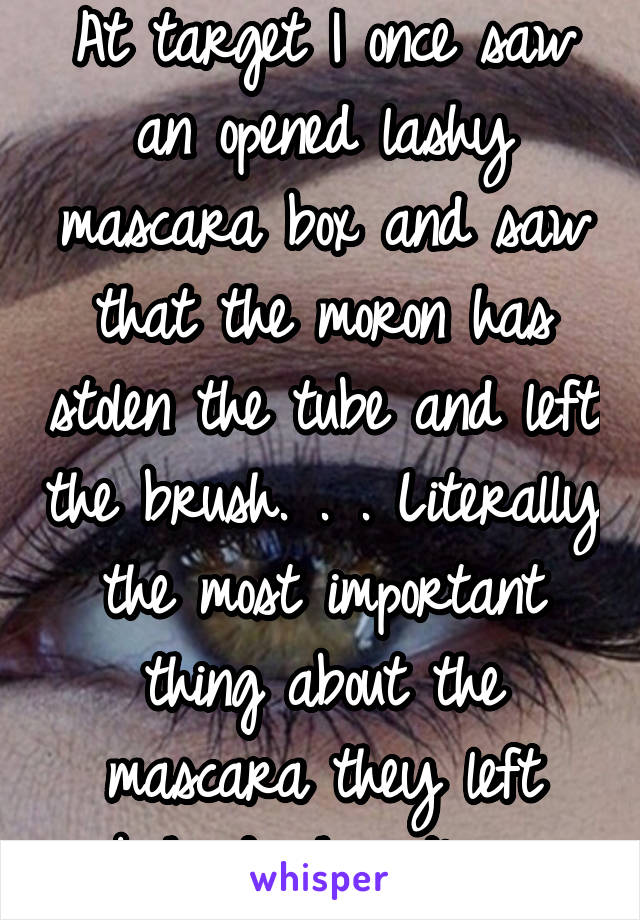 At target I once saw an opened lashy mascara box and saw that the moron has stolen the tube and left the brush. . . Literally the most important thing about the mascara they left behind #hemetlogic