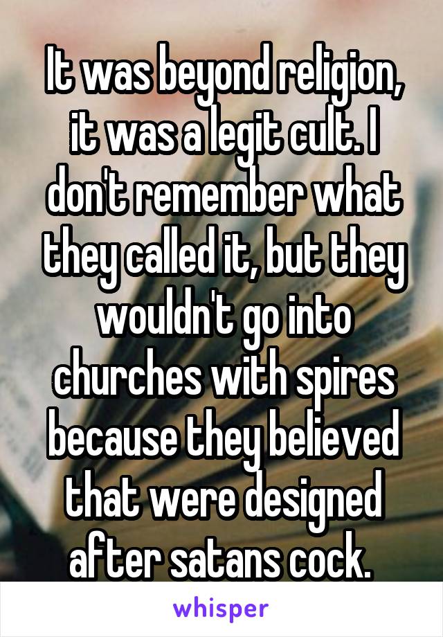 It was beyond religion, it was a legit cult. I don't remember what they called it, but they wouldn't go into churches with spires because they believed that were designed after satans cock. 