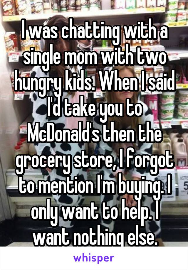 I was chatting with a single mom with two hungry kids. When I said I'd take you to McDonald's then the grocery store, I forgot to mention I'm buying. I only want to help. I want nothing else.