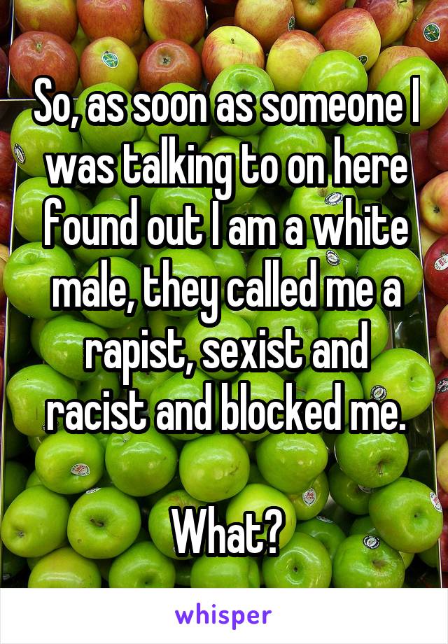 So, as soon as someone I was talking to on here found out I am a white male, they called me a rapist, sexist and racist and blocked me.

What?