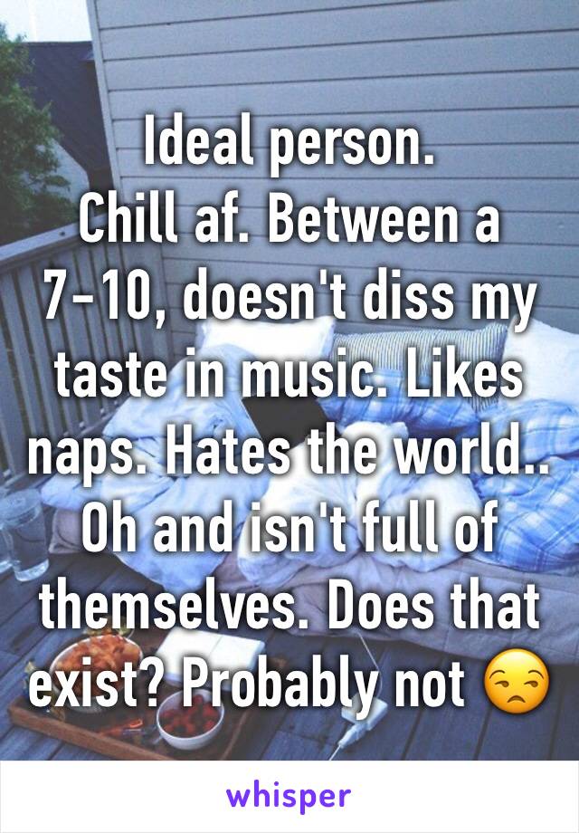 Ideal person. 
Chill af. Between a 7-10, doesn't diss my taste in music. Likes naps. Hates the world.. Oh and isn't full of themselves. Does that exist? Probably not 😒