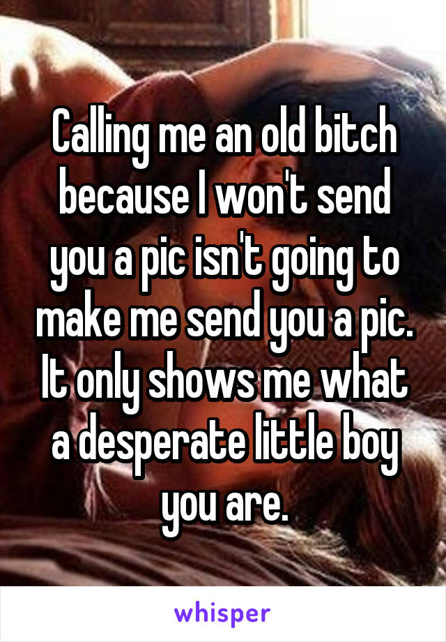 Calling me an old bitch because I won't send you a pic isn't going to make me send you a pic. It only shows me what a desperate little boy you are.