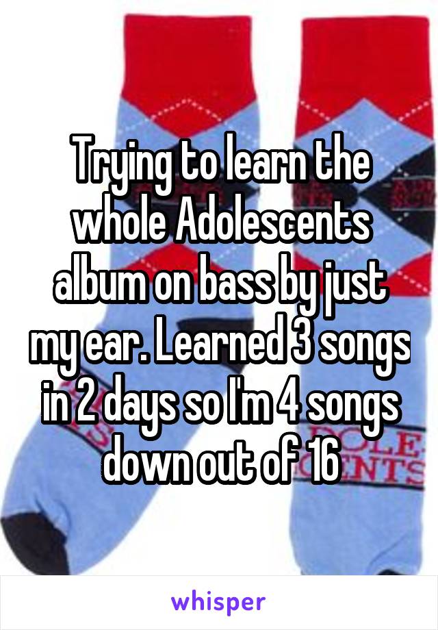 Trying to learn the whole Adolescents album on bass by just my ear. Learned 3 songs in 2 days so I'm 4 songs down out of 16