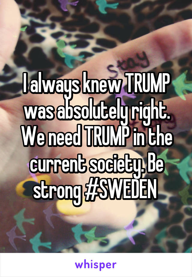 I always knew TRUMP was absolutely right. We need TRUMP in the current society. Be strong #SWEDEN 