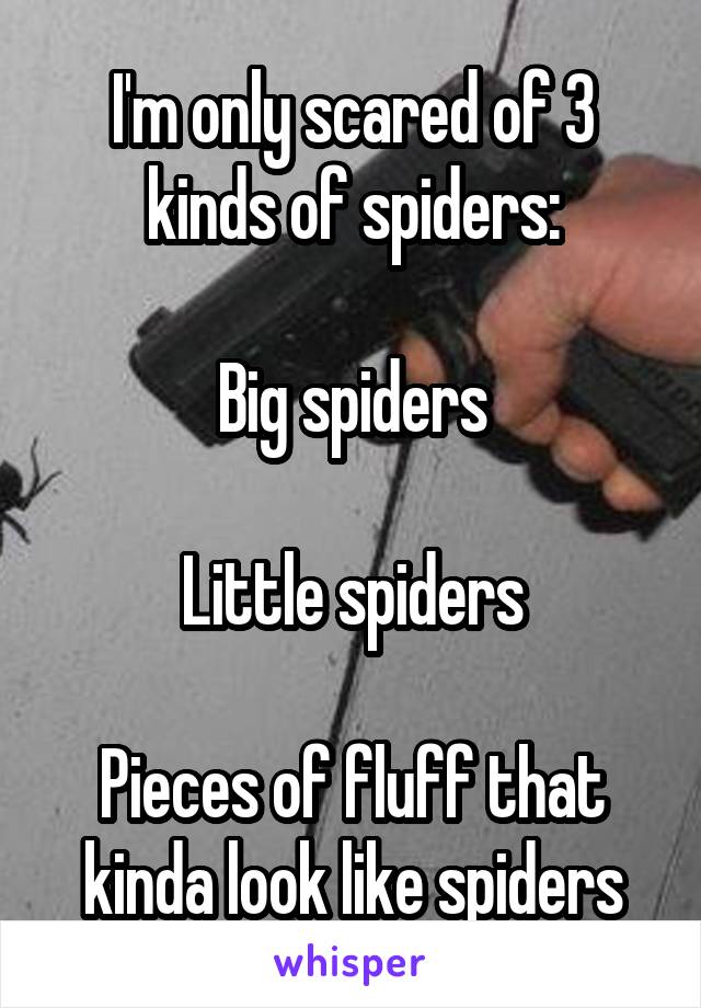 I'm only scared of 3 kinds of spiders:

Big spiders

Little spiders

Pieces of fluff that kinda look like spiders