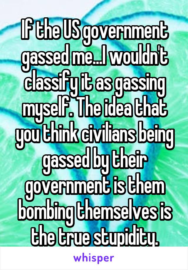 If the US government gassed me...I wouldn't classify it as gassing myself. The idea that you think civilians being gassed by their government is them bombing themselves is the true stupidity.