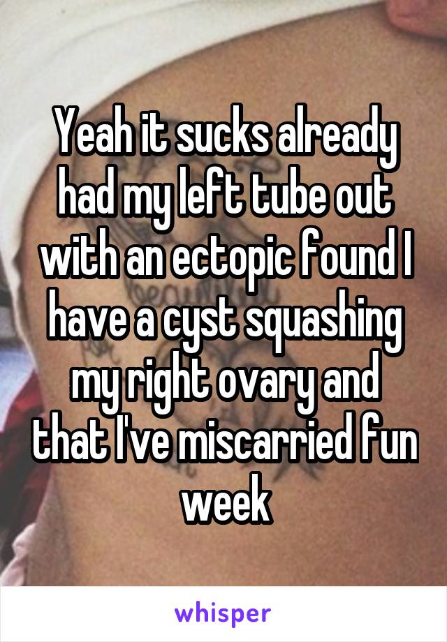 Yeah it sucks already had my left tube out with an ectopic found I have a cyst squashing my right ovary and that I've miscarried fun week