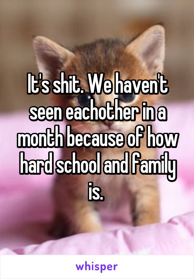 It's shit. We haven't seen eachother in a month because of how hard school and family is. 