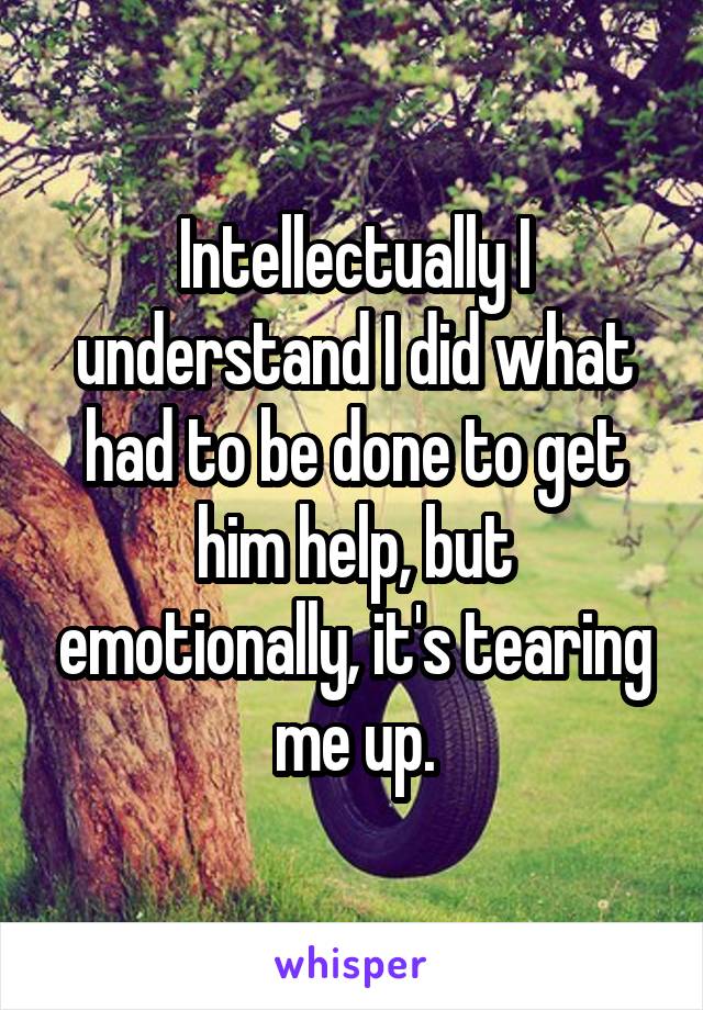 Intellectually I understand I did what had to be done to get him help, but emotionally, it's tearing me up.