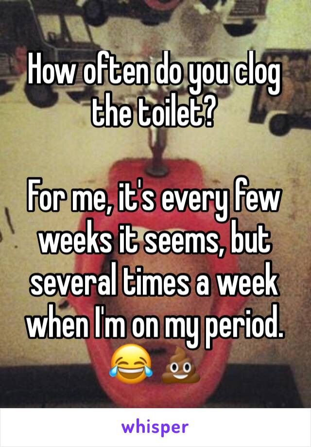 How often do you clog the toilet?

For me, it's every few weeks it seems, but several times a week when I'm on my period. 
😂 💩 