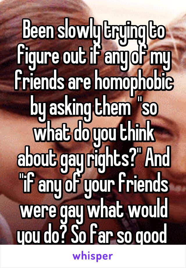 Been slowly trying to figure out if any of my friends are homophobic by asking them  "so what do you think about gay rights?" And "if any of your friends were gay what would you do? So far so good 