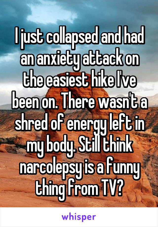 I just collapsed and had an anxiety attack on the easiest hike I've been on. There wasn't a shred of energy left in my body. Still think narcolepsy is a funny thing from TV?