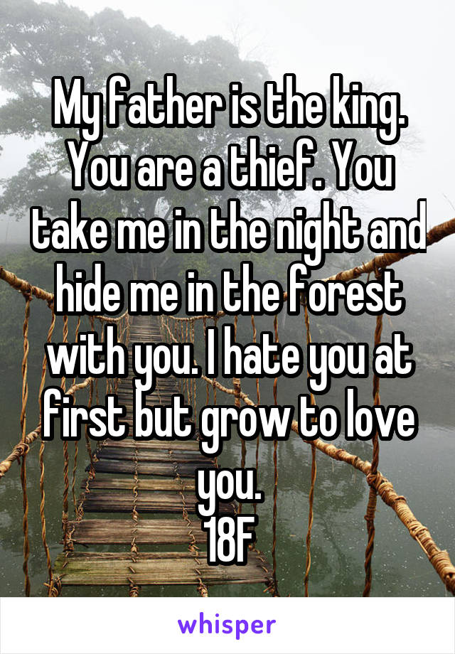 My father is the king. You are a thief. You take me in the night and hide me in the forest with you. I hate you at first but grow to love you.
18F