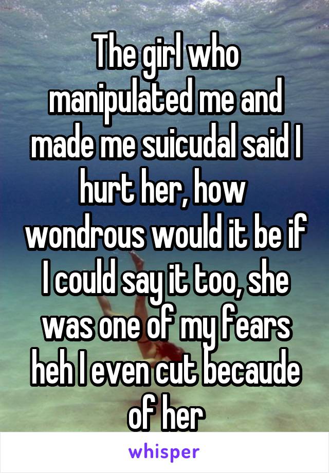 The girl who manipulated me and made me suicudal said I hurt her, how  wondrous would it be if I could say it too, she was one of my fears heh I even cut becaude of her