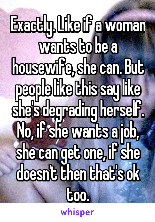 Exactly. Like if a woman wants to be a housewife, she can. But people like this say like she's degrading herself. No, if she wants a job, she can get one, if she doesn't then that's ok too.