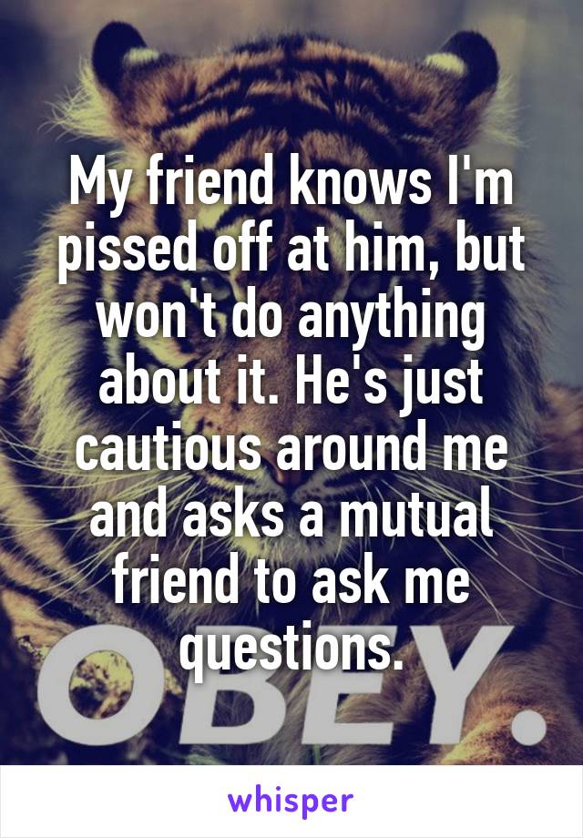 My friend knows I'm pissed off at him, but won't do anything about it. He's just cautious around me and asks a mutual friend to ask me questions.