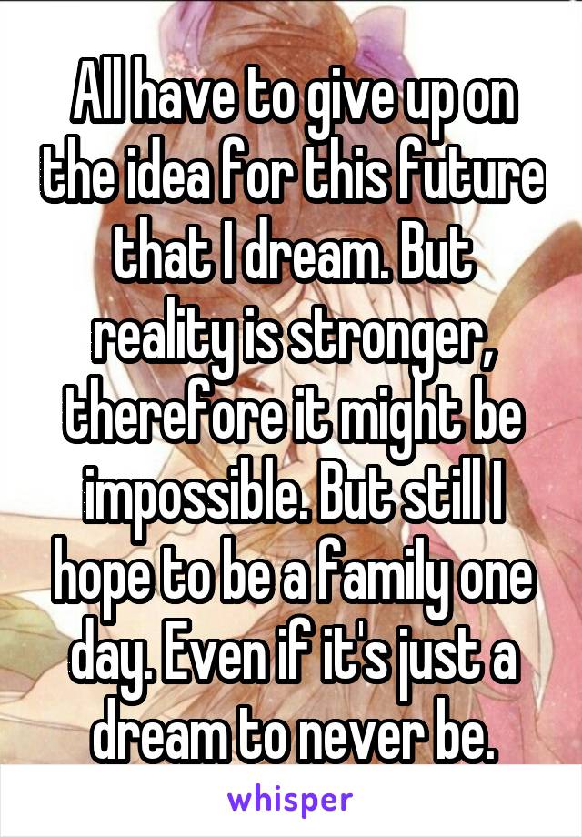 All have to give up on the idea for this future that I dream. But reality is stronger, therefore it might be impossible. But still I hope to be a family one day. Even if it's just a dream to never be.