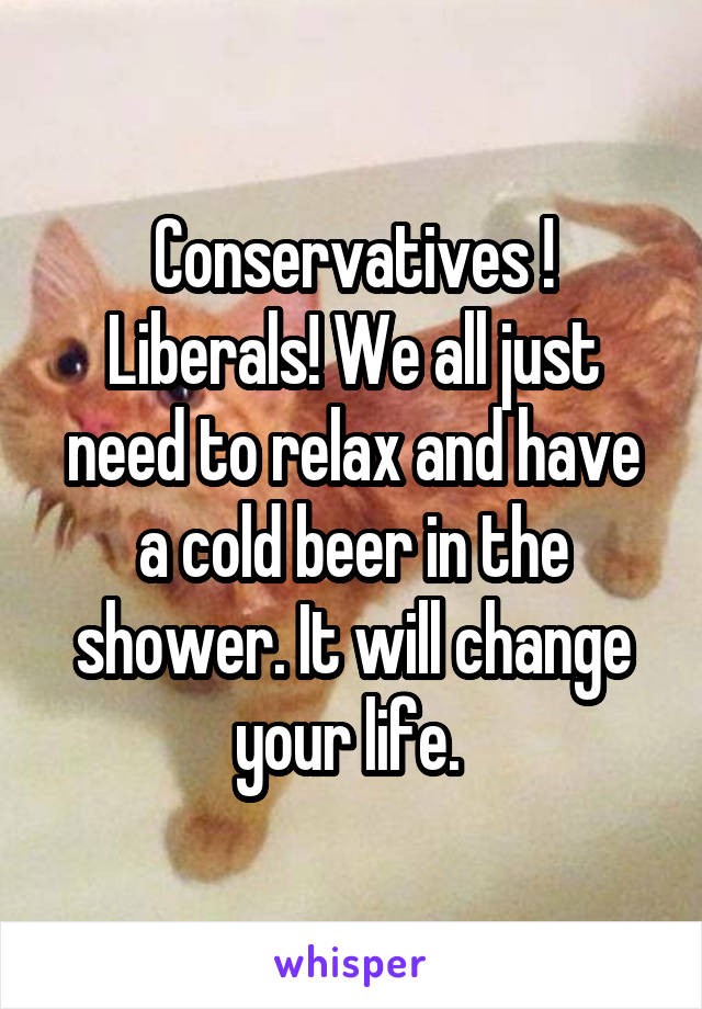 Conservatives ! Liberals! We all just need to relax and have a cold beer in the shower. It will change your life. 