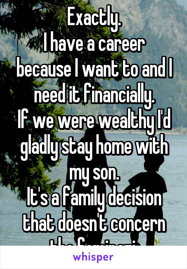 Exactly.
I have a career because I want to and I need it financially.
If we were wealthy I'd gladly stay home with my son.
It's a family decision that doesn't concern the feminazi.