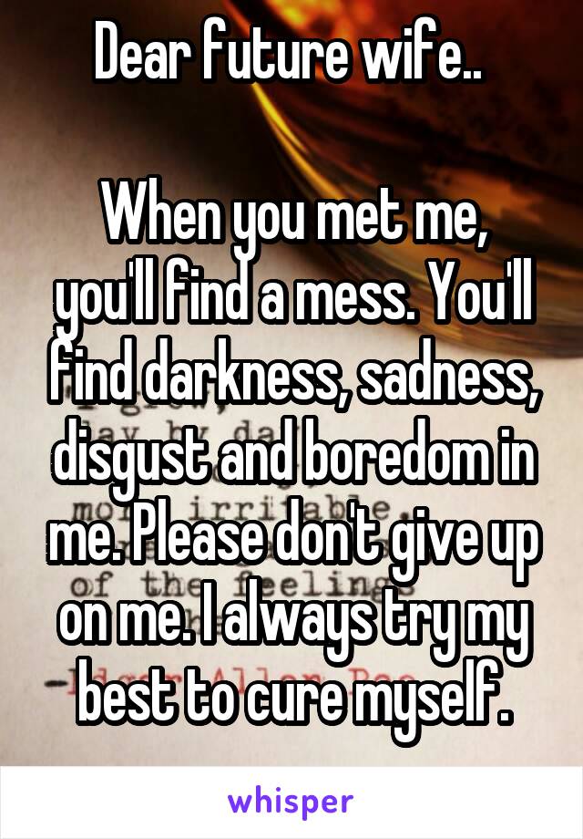 Dear future wife.. 

When you met me, you'll find a mess. You'll find darkness, sadness, disgust and boredom in me. Please don't give up on me. I always try my best to cure myself.
