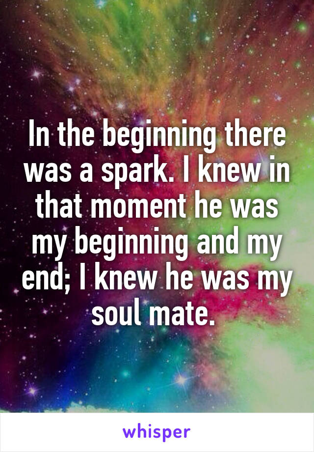 In the beginning there was a spark. I knew in that moment he was my beginning and my end; I knew he was my soul mate. 