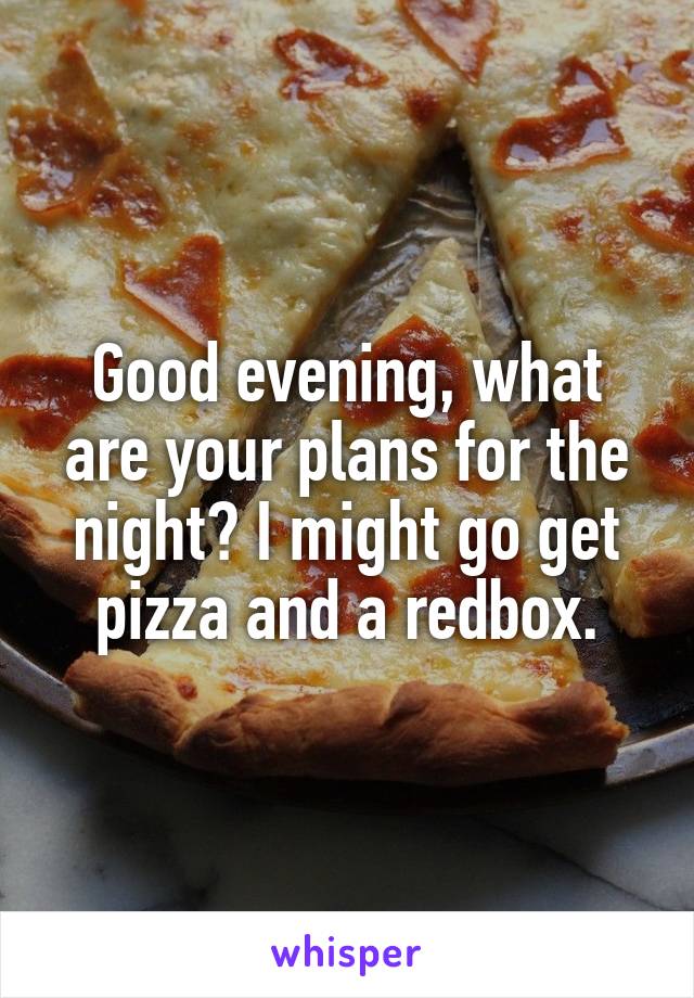 Good evening, what are your plans for the night? I might go get pizza and a redbox.