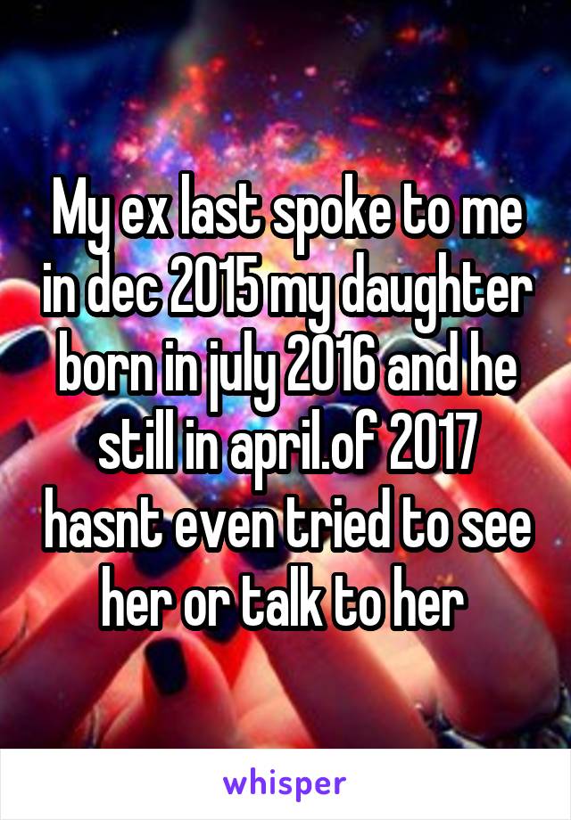 My ex last spoke to me in dec 2015 my daughter born in july 2016 and he still in april.of 2017 hasnt even tried to see her or talk to her 